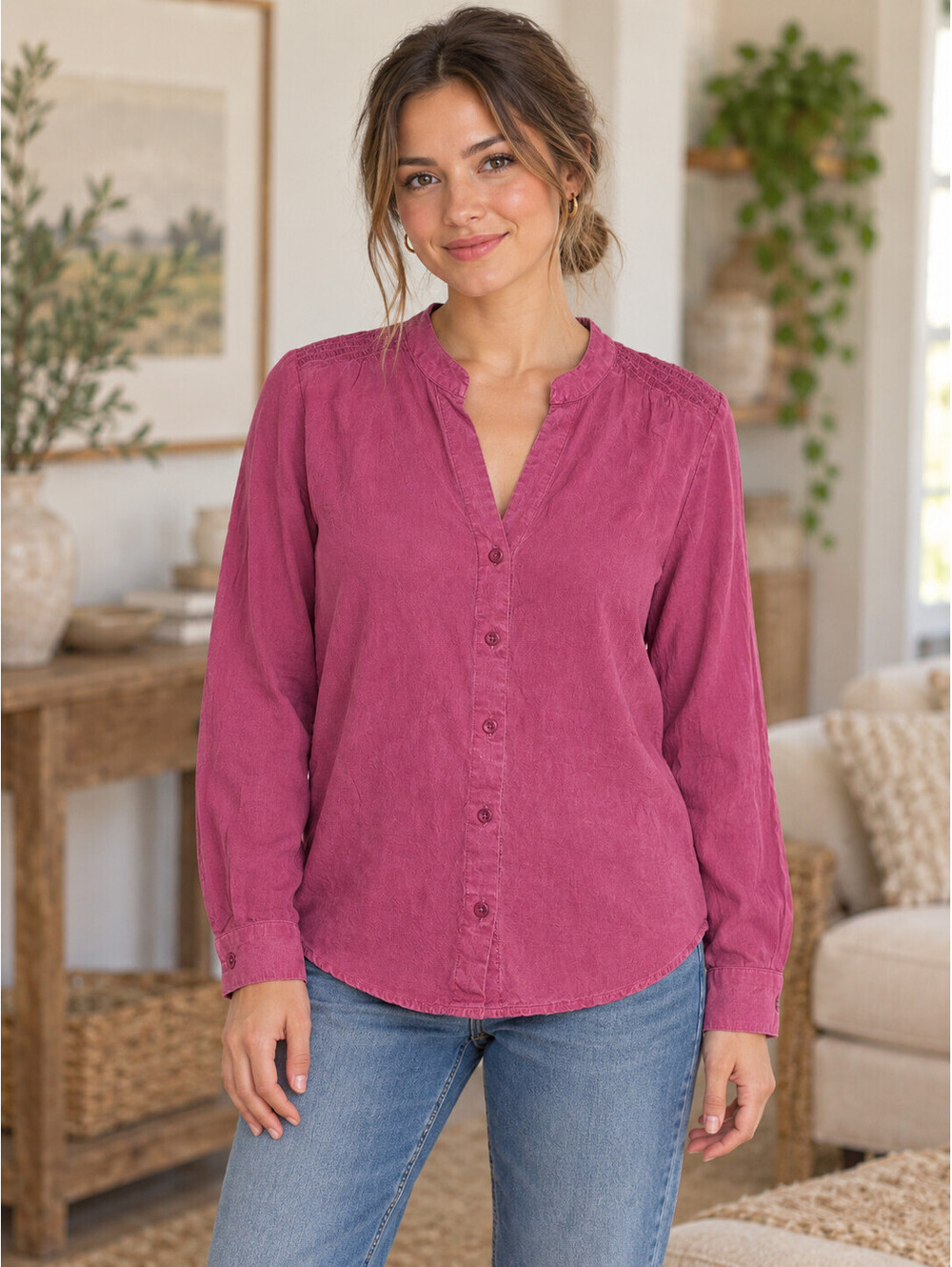 Cloth & Stone Anthropologie XS Magenta Tencel Smocked Boho Button Blouse